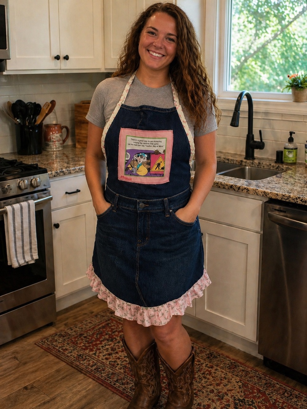 Denim Apron Dress with Pink Ruffle & Cartoon Patch